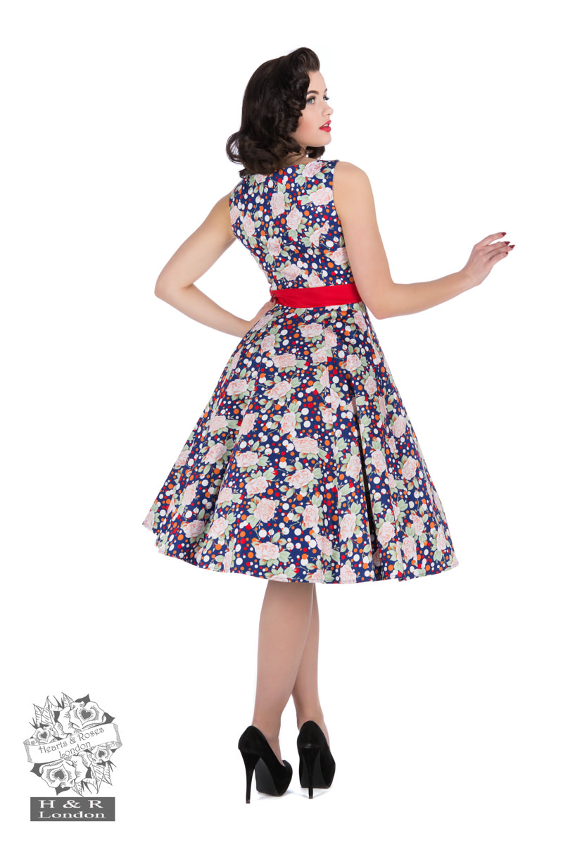 Navy Dot Floral Sleeveless Swing Dress